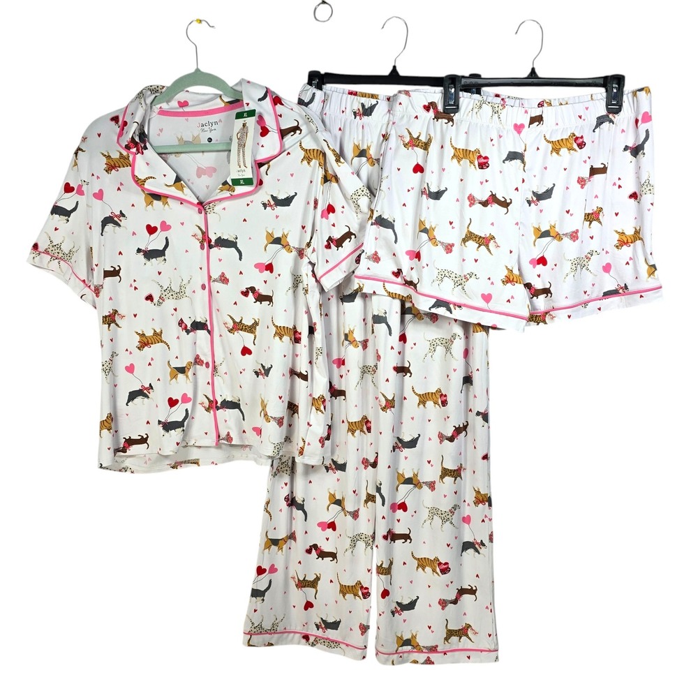 Jaclyn New York Womens 3 Piece Pajama Set XL White Pink Dog Cat Lovers Print NWT